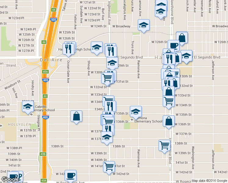 map of restaurants, bars, coffee shops, grocery stores, and more near 4773 West 133rd Street in Hawthorne