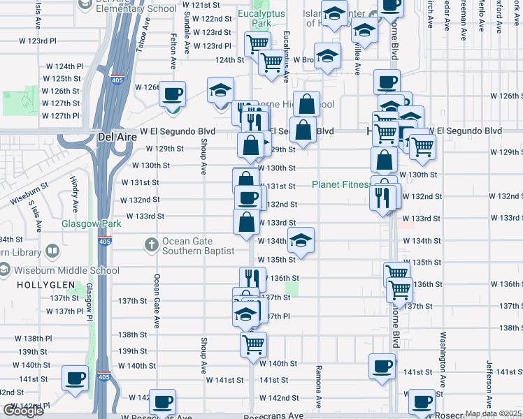 map of restaurants, bars, coffee shops, grocery stores, and more near 4773 West 133rd Street in Hawthorne