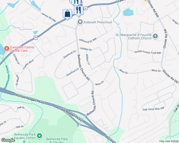 map of restaurants, bars, coffee shops, grocery stores, and more near 111 Wilbur Lane in Lawrenceville