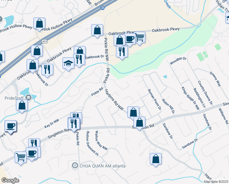 map of restaurants, bars, coffee shops, grocery stores, and more near 5570 Stonewood Court in Norcross
