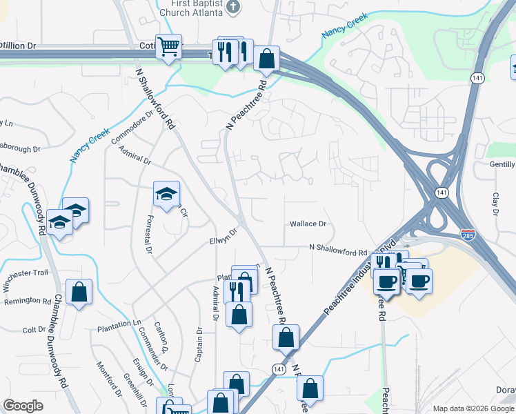 map of restaurants, bars, coffee shops, grocery stores, and more near 4057 Elm Street in Atlanta