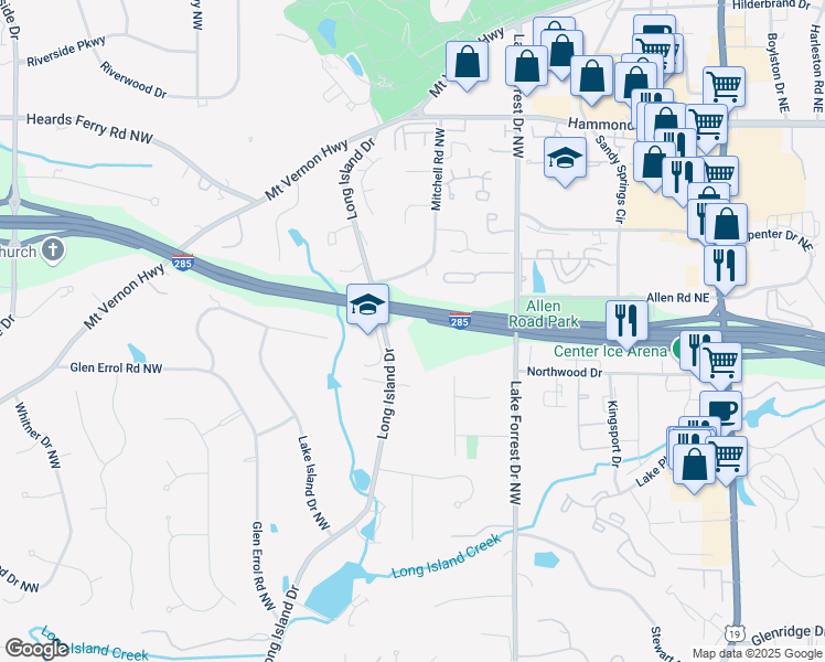 map of restaurants, bars, coffee shops, grocery stores, and more near 5757 Long Island Drive in Atlanta