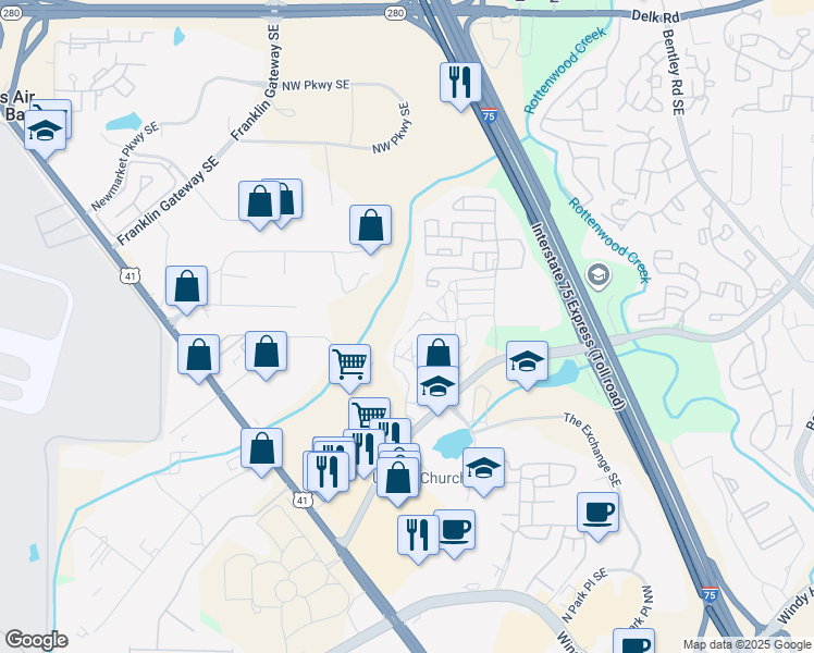 map of restaurants, bars, coffee shops, grocery stores, and more near 1707 Waterfall Village Drive in Marietta