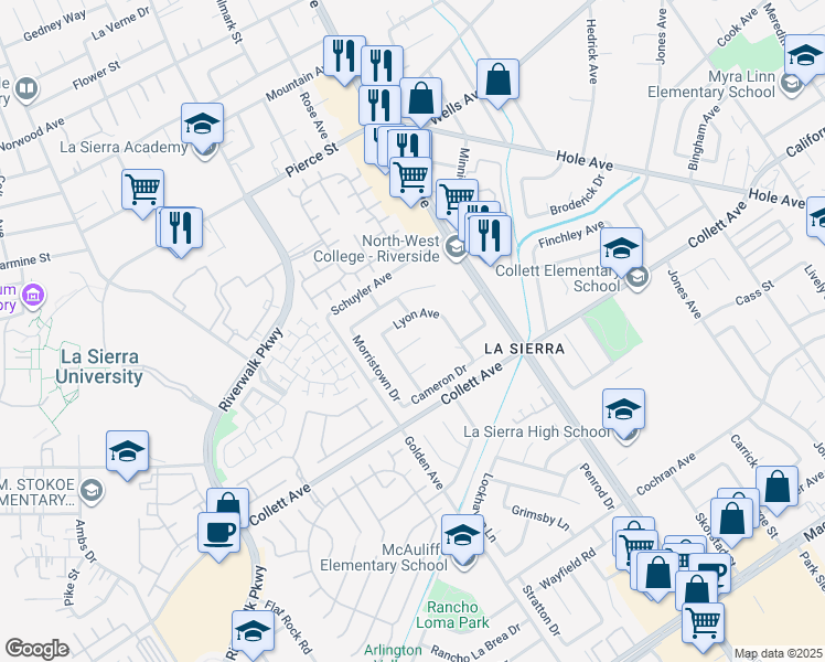 map of restaurants, bars, coffee shops, grocery stores, and more near 11207 Peachtree Place in Riverside