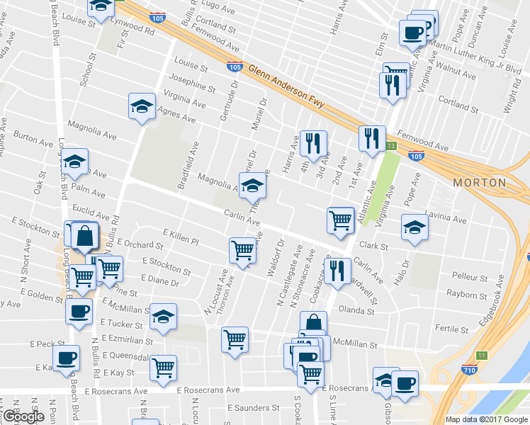 map of restaurants, bars, coffee shops, grocery stores, and more near 4169 Carlin Avenue in Lynwood