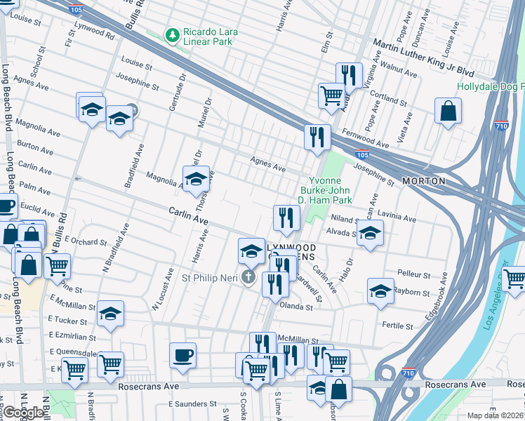 map of restaurants, bars, coffee shops, grocery stores, and more near 4272 Niland Street in Lynwood