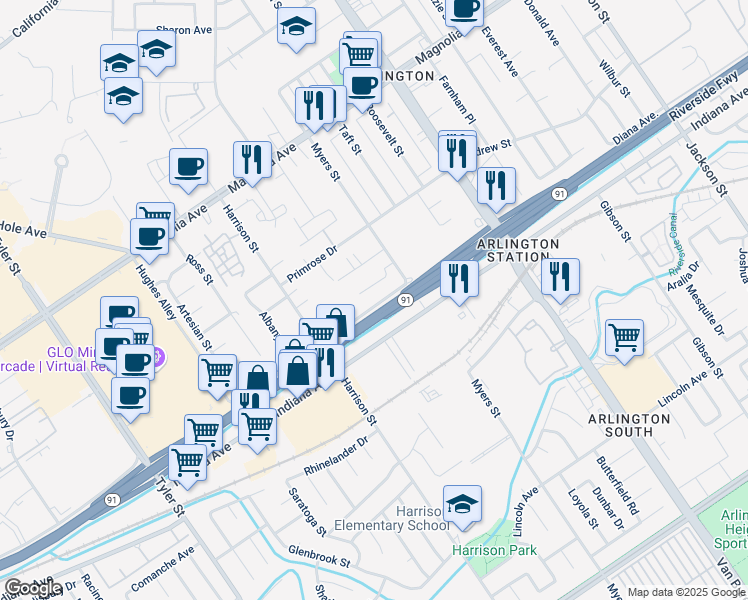 map of restaurants, bars, coffee shops, grocery stores, and more near 9761 Diana Avenue in Riverside
