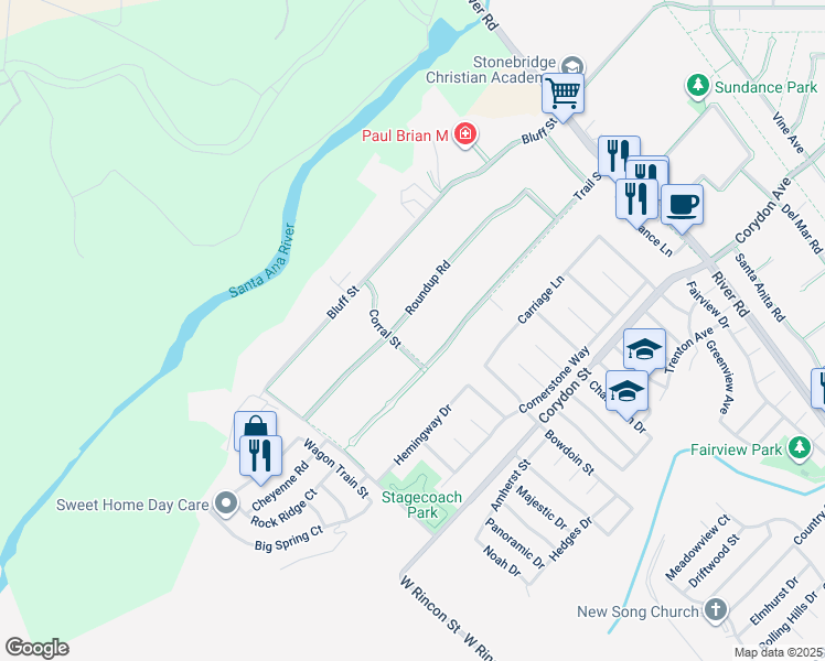 map of restaurants, bars, coffee shops, grocery stores, and more near 5259 Roundup Road in Norco