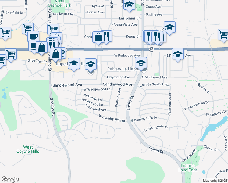 map of restaurants, bars, coffee shops, grocery stores, and more near 1540 Coachwood Street in La Habra