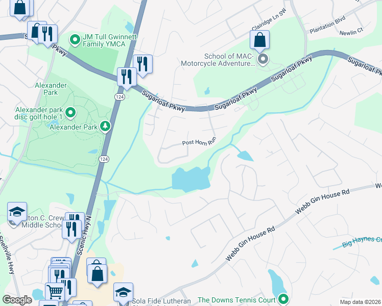 map of restaurants, bars, coffee shops, grocery stores, and more near 1080 Bridle Path Drive in Lawrenceville
