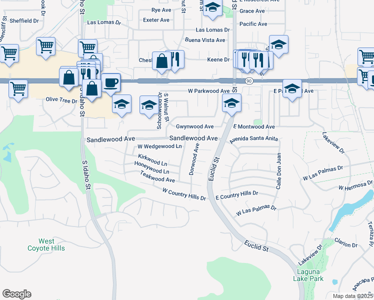 map of restaurants, bars, coffee shops, grocery stores, and more near 1540 Coachwood Street in La Habra