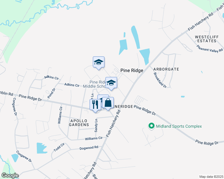 map of restaurants, bars, coffee shops, grocery stores, and more near 735 Pine Ridge Drive in West Columbia