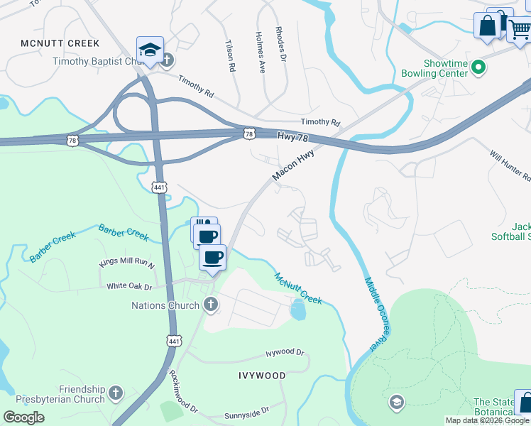 map of restaurants, bars, coffee shops, grocery stores, and more near 149 Martha Drive in Athens
