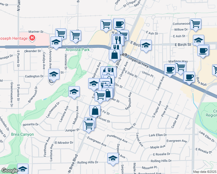 map of restaurants, bars, coffee shops, grocery stores, and more near 512 South Brea Boulevard in Brea