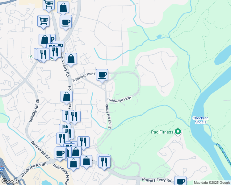 map of restaurants, bars, coffee shops, grocery stores, and more near 4300 Wildwood Parkway in Marietta