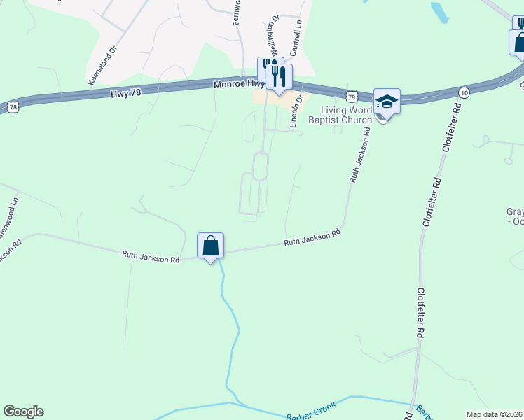 map of restaurants, bars, coffee shops, grocery stores, and more near 2360 Eisenhower Avenue in Watkinsville