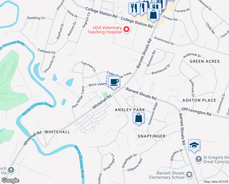 map of restaurants, bars, coffee shops, grocery stores, and more near 265 Wakefield Trce in Athens