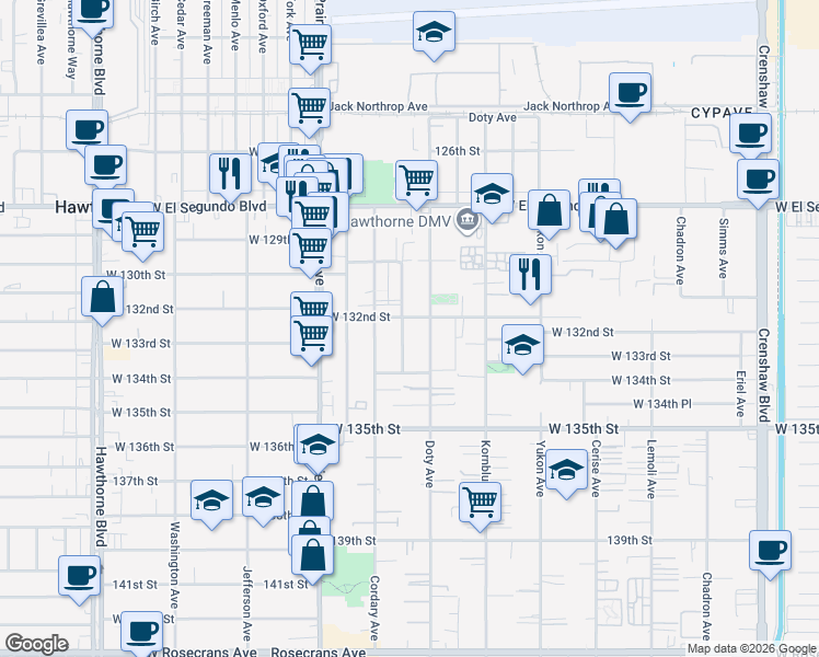 map of restaurants, bars, coffee shops, grocery stores, and more near 13208 Florwood Avenue in Hawthorne