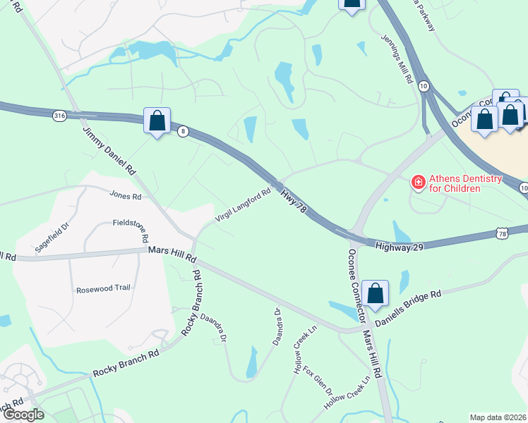 map of restaurants, bars, coffee shops, grocery stores, and more near 1491 Virgil Langford Road in Bogart