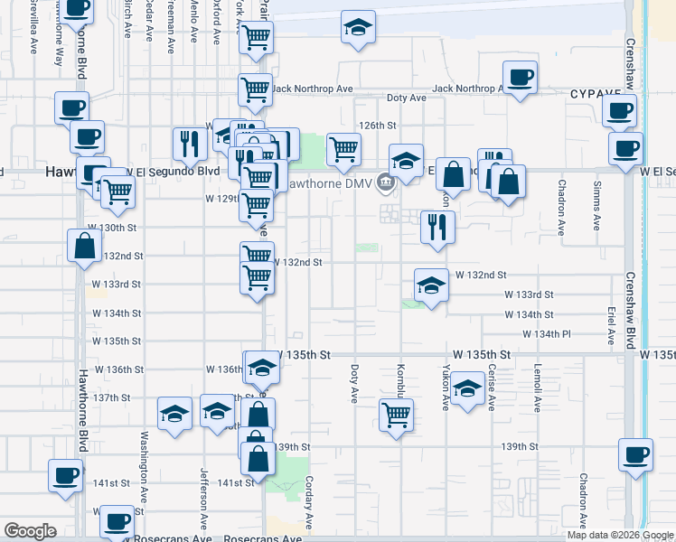 map of restaurants, bars, coffee shops, grocery stores, and more near 13208 Florwood Avenue in Hawthorne