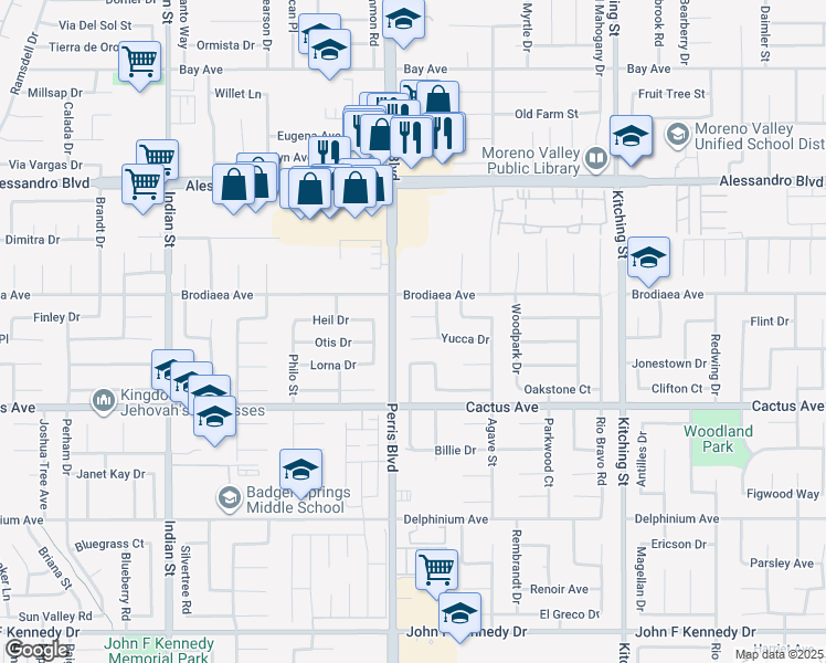 map of restaurants, bars, coffee shops, grocery stores, and more near 25040 Yucca Drive in Moreno Valley