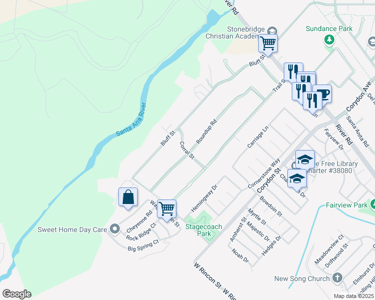 map of restaurants, bars, coffee shops, grocery stores, and more near 5313 Roundup Road in Norco