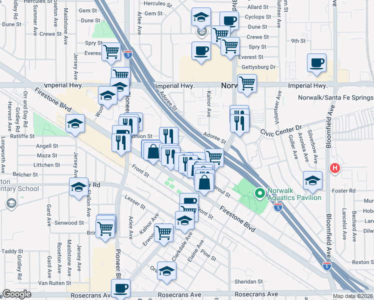 map of restaurants, bars, coffee shops, grocery stores, and more near 11979 Olive Street in Norwalk