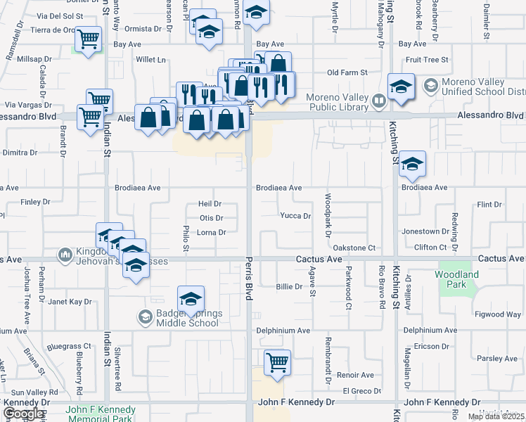 map of restaurants, bars, coffee shops, grocery stores, and more near 25040 Yucca Drive in Moreno Valley