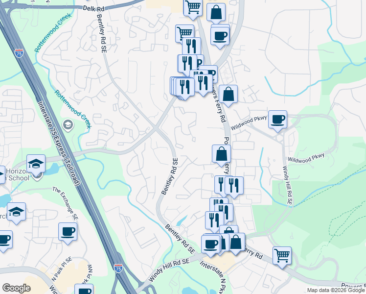 map of restaurants, bars, coffee shops, grocery stores, and more near 401 Wynnes Ridge Circle in Marietta