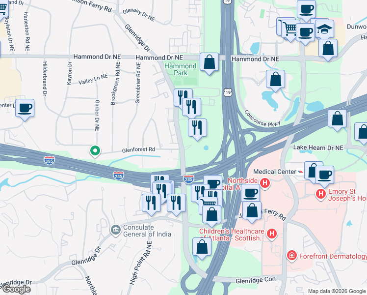 map of restaurants, bars, coffee shops, grocery stores, and more near 5765 Glenridge Drive in Sandy Springs