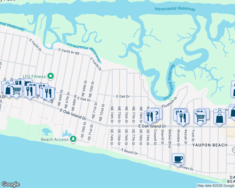 map of restaurants, bars, coffee shops, grocery stores, and more near 147 Northeast 75th Street in Oak Island
