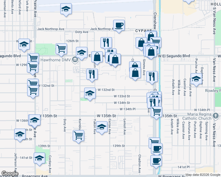 map of restaurants, bars, coffee shops, grocery stores, and more near 3512 West 132nd Street in Hawthorne
