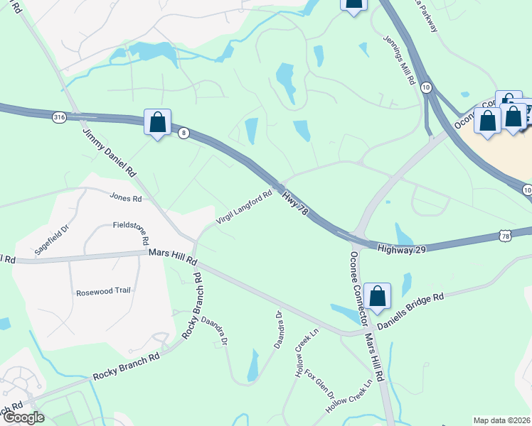 map of restaurants, bars, coffee shops, grocery stores, and more near 1491 Virgil Langford Road in Bogart