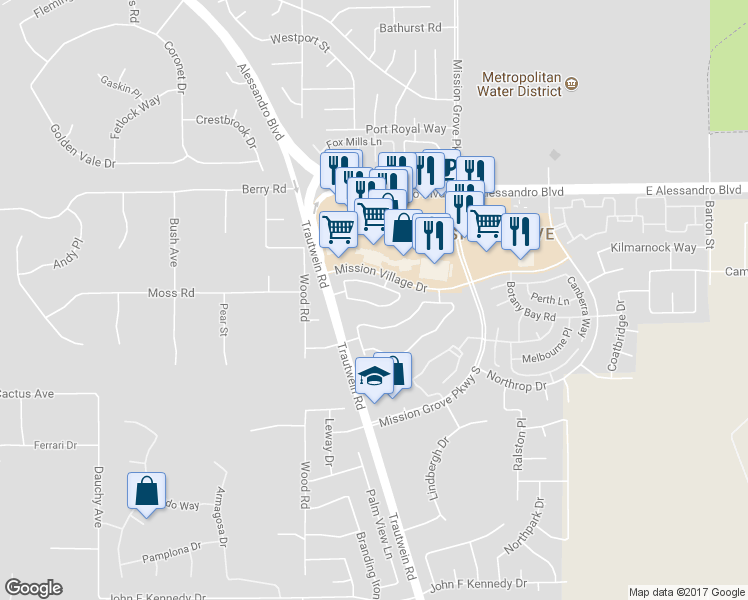 map of restaurants, bars, coffee shops, grocery stores, and more near 19148 Broken Bow Drive in Riverside