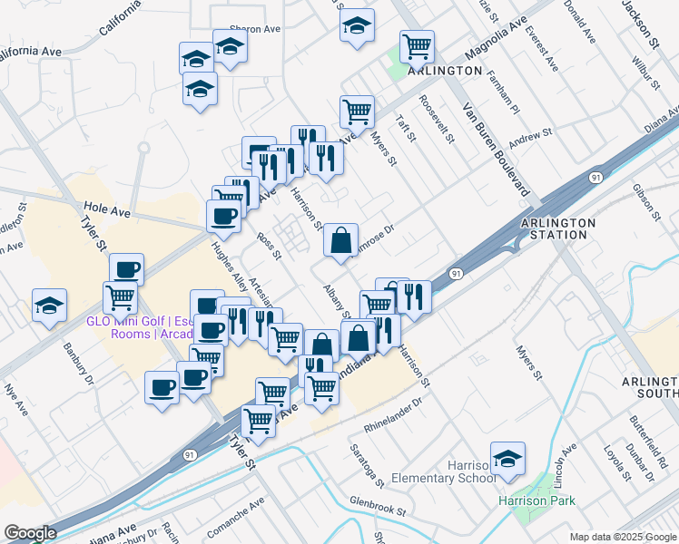 map of restaurants, bars, coffee shops, grocery stores, and more near 3555 Albany Street in Riverside