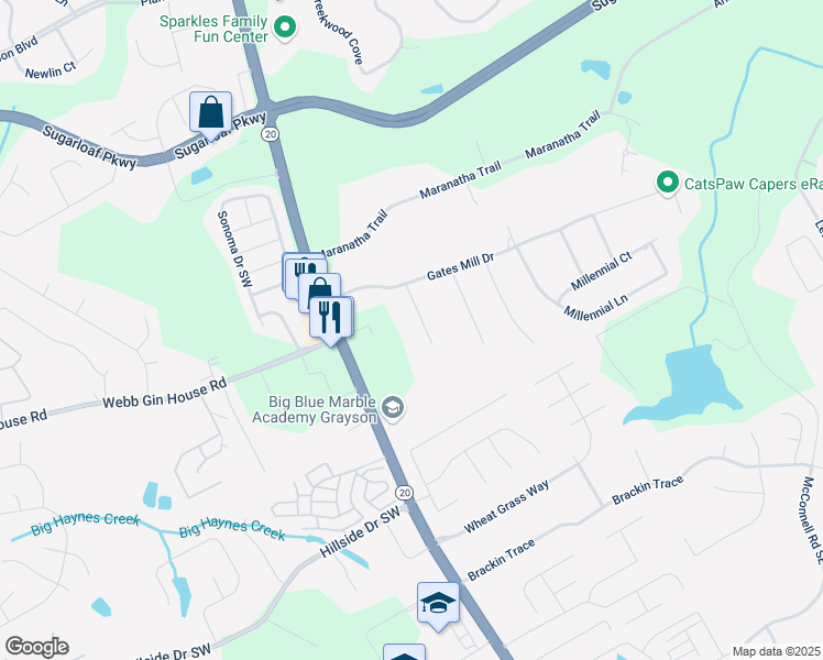map of restaurants, bars, coffee shops, grocery stores, and more near 1419 Gates Mill Walk in Lawrenceville
