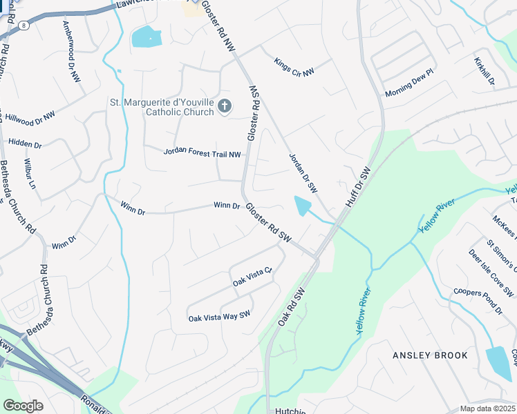 map of restaurants, bars, coffee shops, grocery stores, and more near 54 Gloster Road Southwest in Lawrenceville