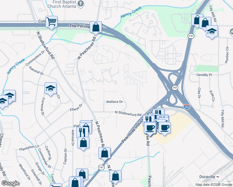 map of restaurants, bars, coffee shops, grocery stores, and more near 2296 Wallace Drive in Chamblee