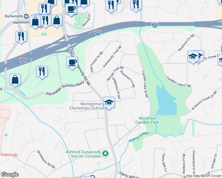 map of restaurants, bars, coffee shops, grocery stores, and more near 4050 Chippewa Place Northeast in Atlanta