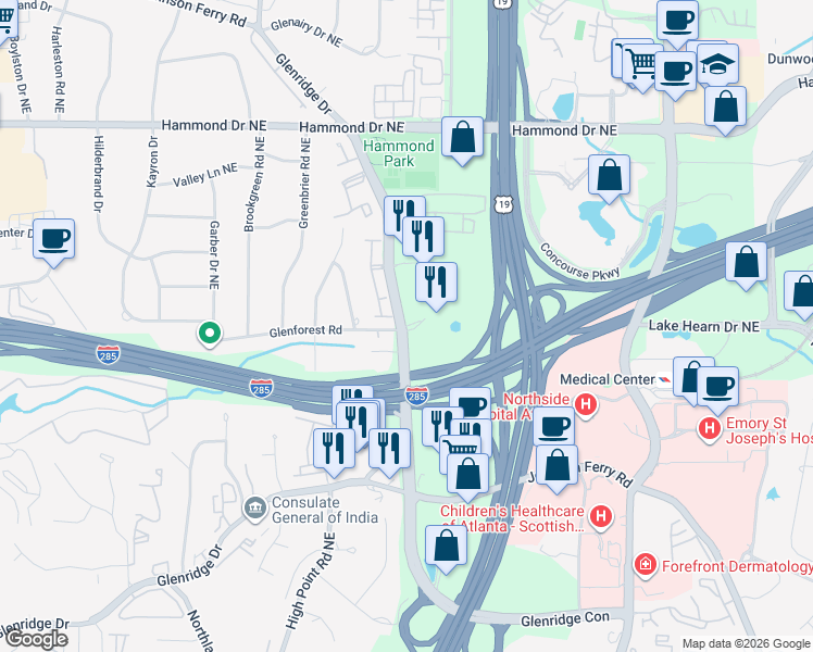map of restaurants, bars, coffee shops, grocery stores, and more near 5765 Glenridge Drive in Sandy Springs