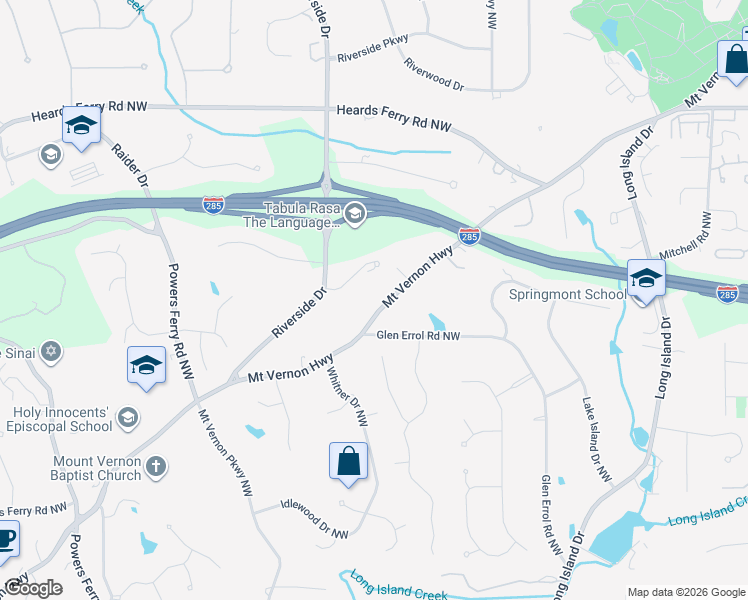 map of restaurants, bars, coffee shops, grocery stores, and more near 525 Mount Vernon Highway in Atlanta