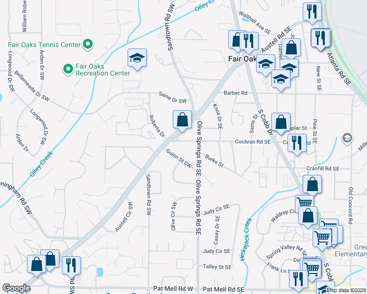 map of restaurants, bars, coffee shops, grocery stores, and more near 49 Cochran Road Southwest in Marietta