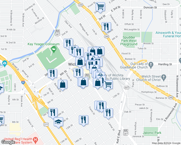 map of restaurants, bars, coffee shops, grocery stores, and more near 815 Scott Avenue in Wichita Falls