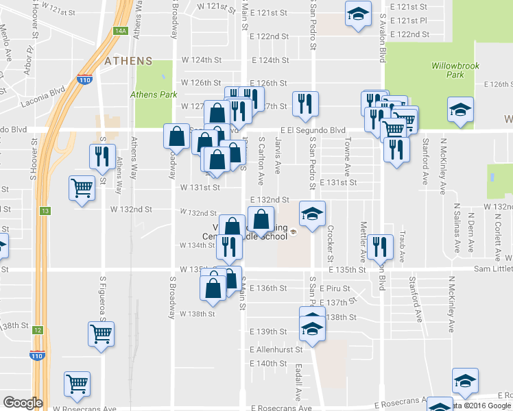 map of restaurants, bars, coffee shops, grocery stores, and more near 13207 South Carlton Avenue in Los Angeles