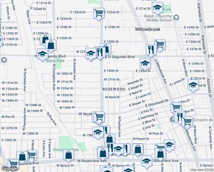 map of restaurants, bars, coffee shops, grocery stores, and more near 2207 North Anzac Avenue in Compton