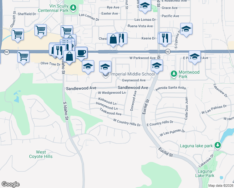 map of restaurants, bars, coffee shops, grocery stores, and more near 550 West Wedgewood Lane in La Habra