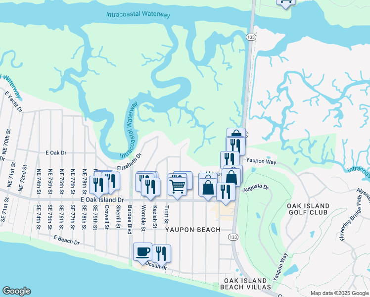 map of restaurants, bars, coffee shops, grocery stores, and more near 520 Norton Street in Oak Island