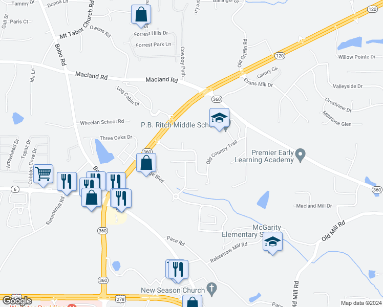 map of restaurants, bars, coffee shops, grocery stores, and more near 202 Stephens Mill Drive in Dallas