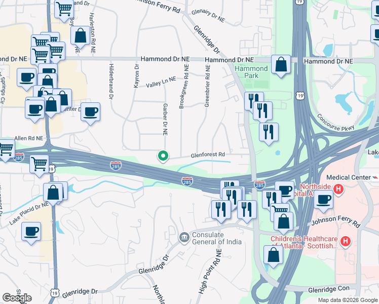map of restaurants, bars, coffee shops, grocery stores, and more near 605 Glenforest Road in Sandy Springs