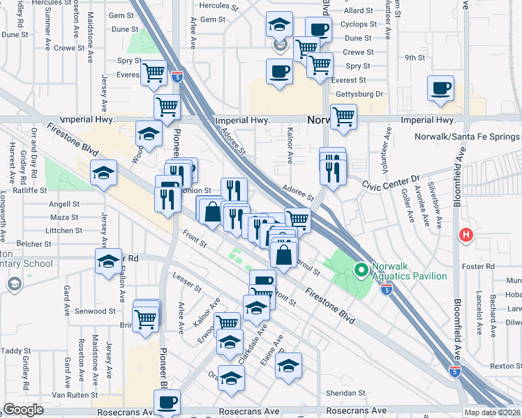 map of restaurants, bars, coffee shops, grocery stores, and more near 11979 Olive Street in Norwalk